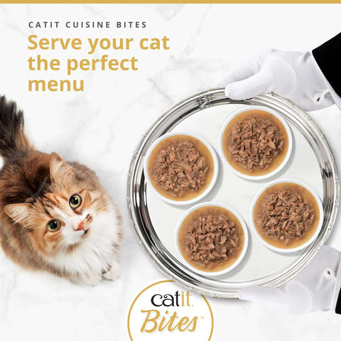 Image of CATIT Cuisine Bites Selection Variety Pack 12x75g on plates - Pets Villa.