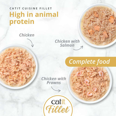 Image of CATIT Cuisine Fillet Chicken Selection Variety Pack 12x75g on plates - Pets Villa.