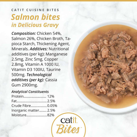 Image of the composition of CATIT Cuisine Salmon Bites in Delicious Gravy - Pets Villa.