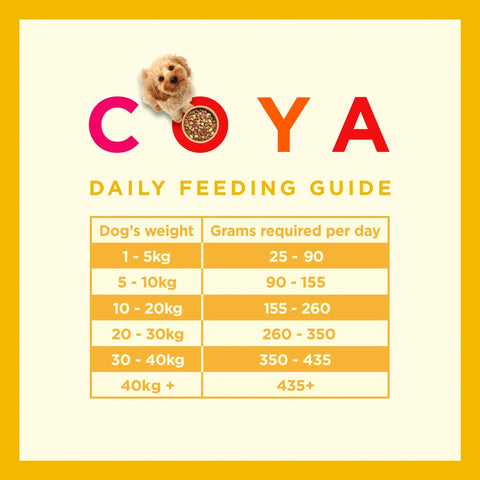 Image of a feeding guide of COYA Kibble Plus Chicken Adult Dog Food - Pets Villa.