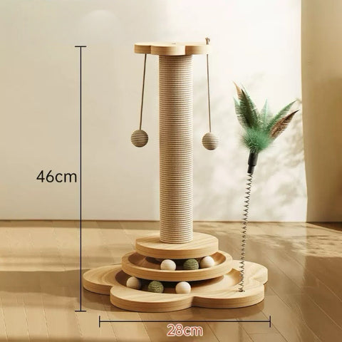 Wooden cat toy with scratching post, balls, and feather toy on a light wooden floor._Pets Villa