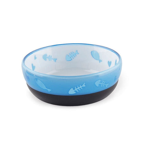 Bright-colored cat bowl with heart pattern and rubber bottom