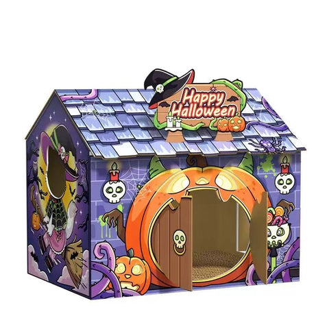 Front image of Happy Halloween Haunted House Cardboard Cat Scratcher - Pets Villa.