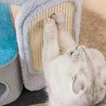 Image of a cat scratching the board of MARTINA Grey Feather with Scratcher Board Cat Tower 100cm - Pets Villa.