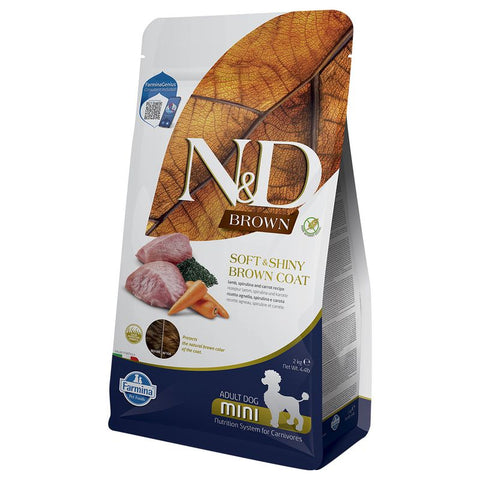 Front image of N&D Farmina Brown Mini Adult Dog Lamb Spirulina Carrot Recipe - Pets Villa.