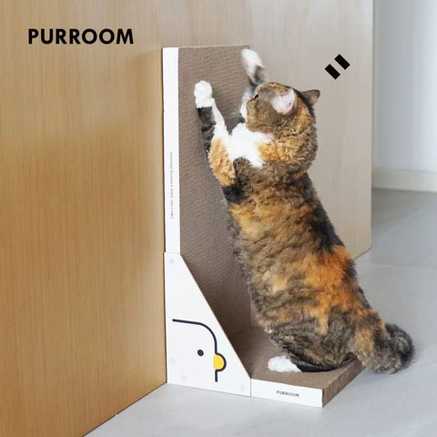 Image of a cat scratching PURROOM Little Chick L-Shape Cardboard Cat Scratcher - Pets Villa.