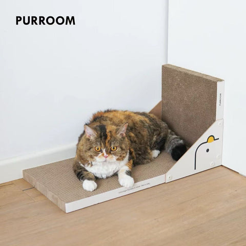 Image of a cat laying on PURROOM Little Chick L-Shape Cardboard Cat Scratcher - Pets Villa.