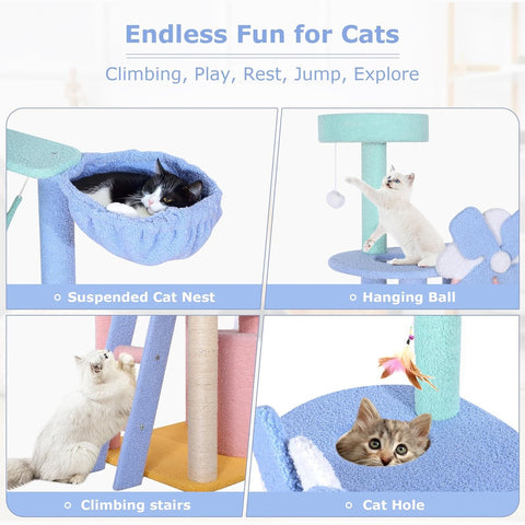 Image describing components of Pastel Flower Windmill Cat Tree Tower with Hammock and Hideaway - Pets Villa.