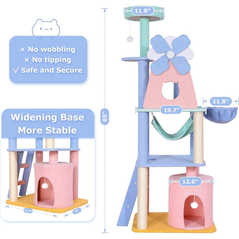 Size chart of Pastel Flower Windmill Cat Tree Tower with Hammock and Hideaway - Pets Villa.