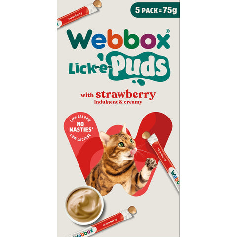 Front image of WEBBOX Cat Lick-e-Puds with Strawberry 5x75g - Pets Villa.
