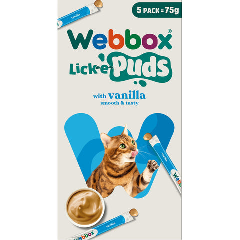 Front image of WEBBOX Cat Lick-e-Puds with Vanilla 5x75g - Pets Villa.