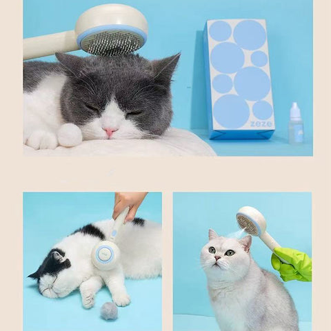 Multiple images of cat being groomed with ZEZE Circle Pet Slicker Comb with Lotus Essence - Pets Villa.
