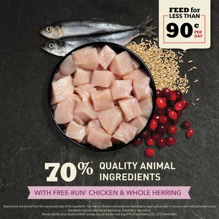 ACANA First Feast kitten food rich in omega-3, DHA, EPA for brain and vision development.