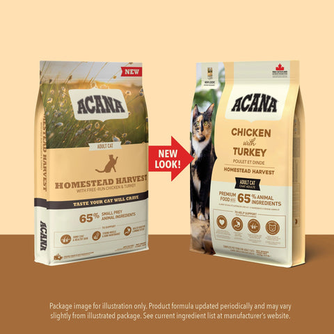 Bag of ACANA Homestead Harvest natural cat food with wholesome ingredients