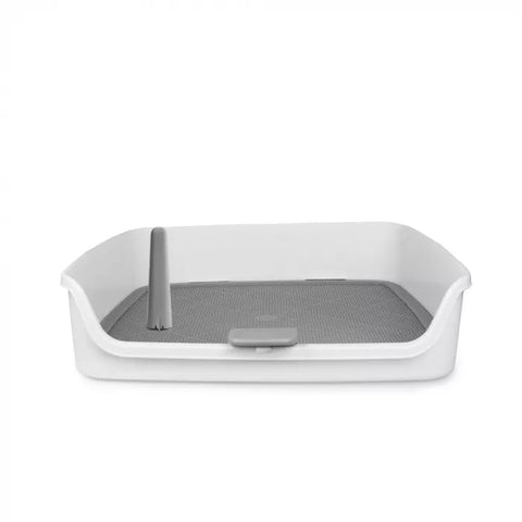 Indoor dog potty tray with removable pee post and pad lock system to prevent movement