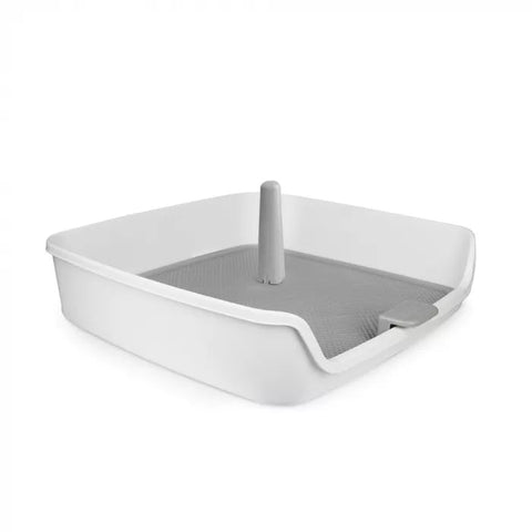 Secure dog potty tray with pee pad holder and removable post to prevent mess and chewing
