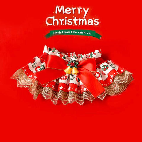 Close-up of festive bow on Christmas scarf with stitching detail