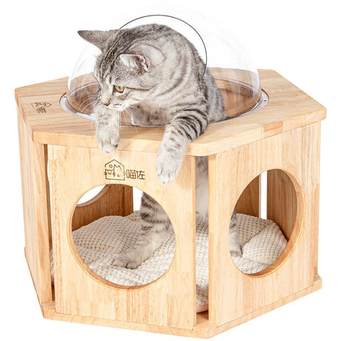 MIAOZUO Solid Wood Hexagon Cat Nest - Pets Villa