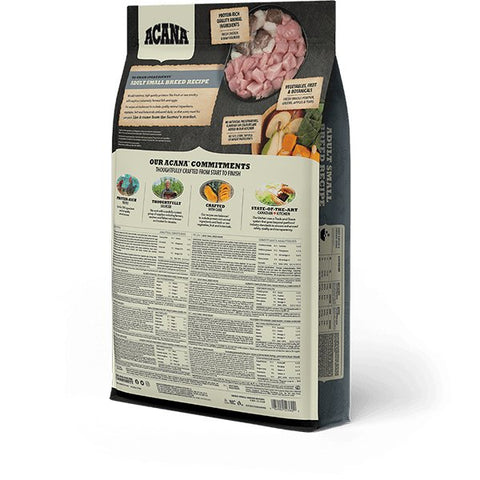 Ingredients including chicken, flounder, squash, apples, and berries used in ACANA Small Breed Recipe