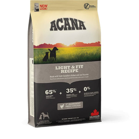 ACANA Light & Fit Dog Food front bag featuring chicken and flounder