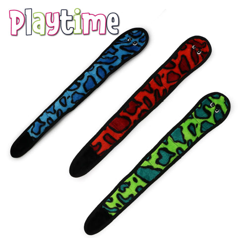 Three colorful squeaky snake toys in blue, red, and green camouflage patterns, intended for dog playtime.