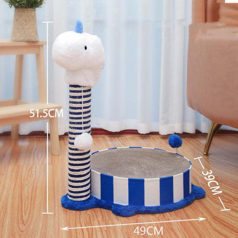 Close-up of dangling toy attached to alpaca and unicorn cat scratching post