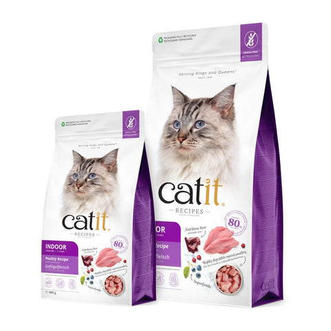 CATIT Recipes Adult Indoor/Sterilised Poultry Cat Food - This cat food comes in two sizes, 400g and 2kg, bags shown. This is a product of Pets Villa.