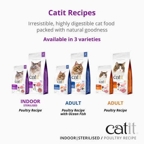 CATIT Recipes Adult Indoor/Sterilised Poultry Cat Food - This cat food comes in two sizes, 400g and 2kg, bags shown. This is a product of Pets Villa.