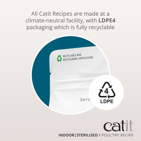 CATIT Recipes Adult Indoor/Sterilised Poultry Cat Food - Showing the recyclable packaging and the reseal of the pack. This is a product of Pets Villa.