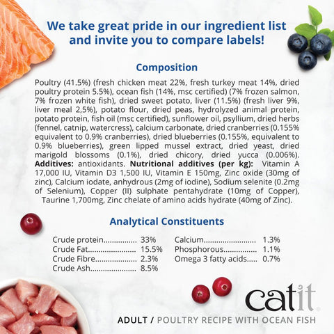 CATIT Recipes Adult Poultry with Ocean Fish Cat Food - Full description of the composition. This is a product of Pets Villa.