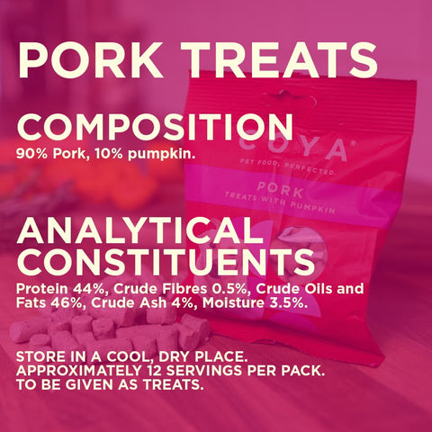 COYA Pork Treats with Pumpkin 40g - Product image showing composition. This is a product of Pets Villa.