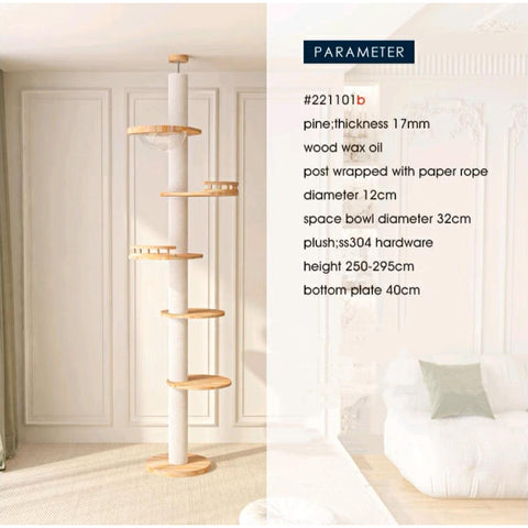 HONEYPOT CAT 250-295cm Solid Wood Ceiling Height Cat Tree (No screws needed for the top) - Pets Villa