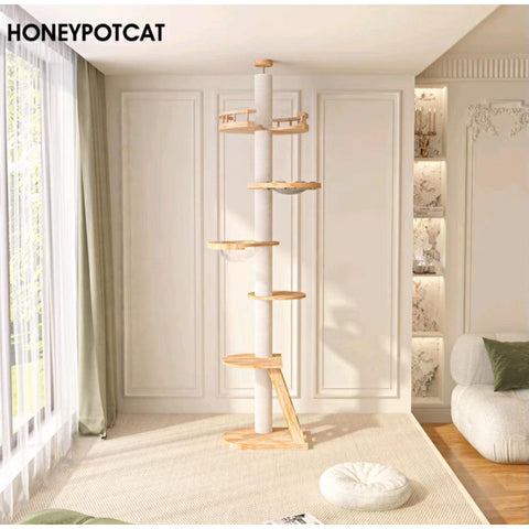 HONEYPOT CAT 250-295cm Solid Wood Ceiling Height Cat Tree (No screws needed for the top) - Pets Villa