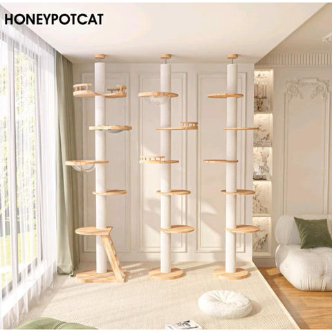HONEYPOT CAT 250-295cm Solid Wood Ceiling Height Cat Tree (No screws needed for the top) - Pets Villa