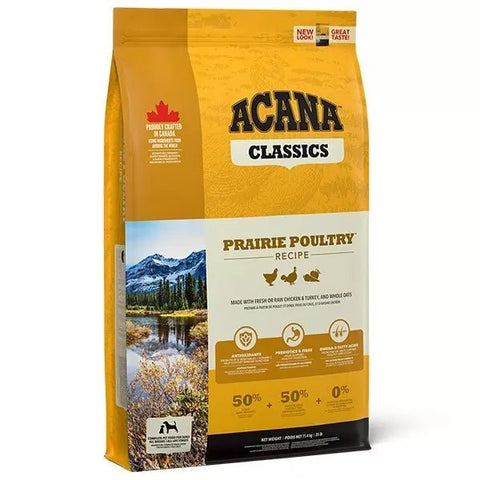 ACANA Prairie Poultry dry dog food bag featuring chicken, turkey, and cage-free eggs