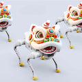 Three small robotic dog-like figures with colorful lion-head faces and gray legs, arranged on a light gray studio background.