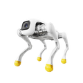 White robot with yellow wheels on a white background