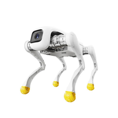 White robot with yellow wheels on a white background