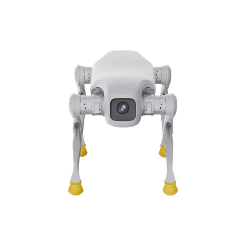 White robot dog with yellow paws on a white background
