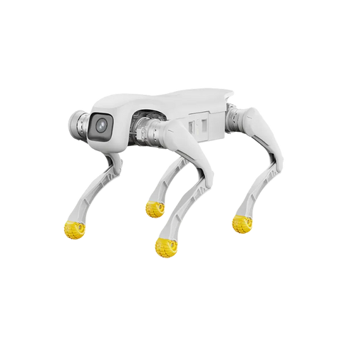 White robot dog with yellow accents on a white background
