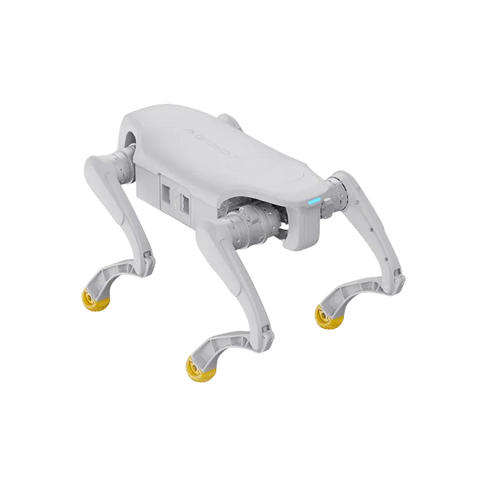 White robot dog with yellow wheels on a white background