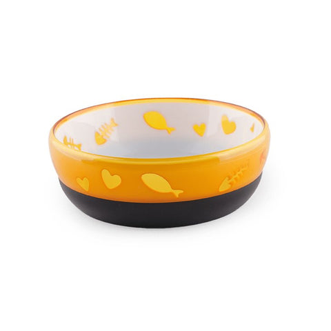 Pink plastic cat food or water bowl with heart-shaped cutout design