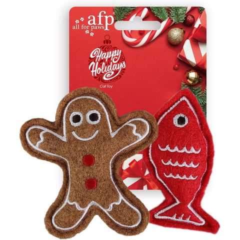 Front image of ALL FOR PAWS Cat Christmas Catnip Gingerbread and Fish Toys - Pets Villa. 