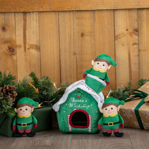 Front image of ANCOL Christmas Santa's Workshop Elves Dog Toy - Pets Villa.