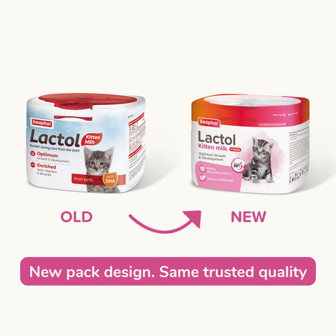 Image of old versus new packaging of BEAPHAR Lactol Kitten Milk Replacer - Pets Villa. 