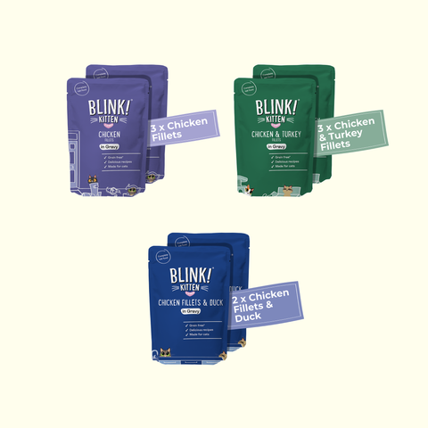 Image of Contents of BLINK Kitten Chicken Fillet Recipes in Gravy Variety Pack 8x85g - Pets Villa.