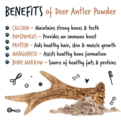 Image of the benefits of BUGALUGS Natural Deer Antler Powder Supplement 70g - Pets Villa. 