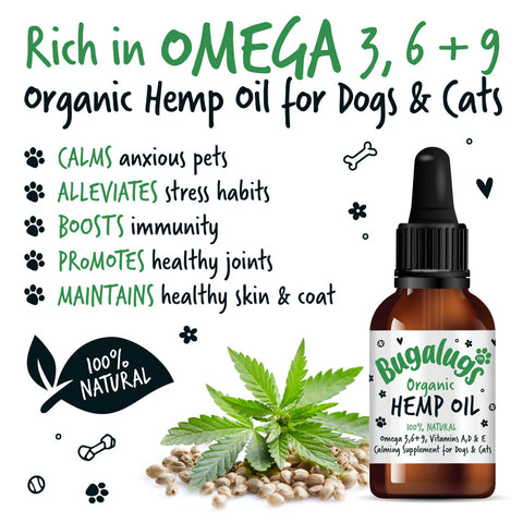 Image of the key features of BUGALUGS Organic Hemp Oil 50ml - Pets Villa. 