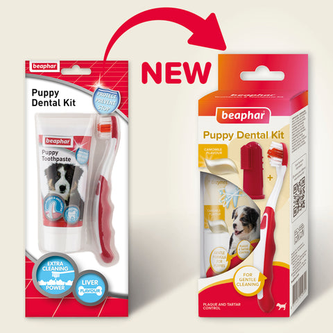 Image of old and new packaging of Beaphar Puppy Dental Kit - Pets Villa. 