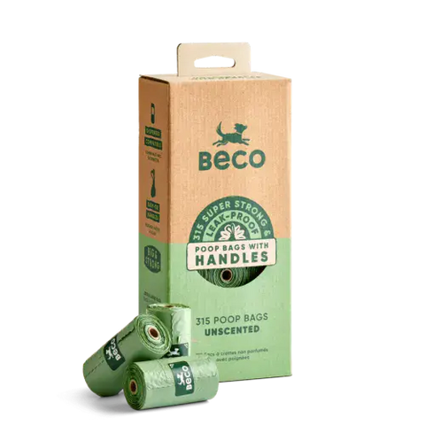 Front image of BECO Poop Bags with Handles 315 Super Strong Unscented Extra Large - Pets Villa. 